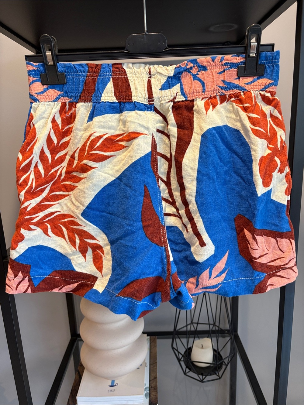 132 H&M Blue Tropical Print Elastic Waist Shorts with Orange-Red Leaves